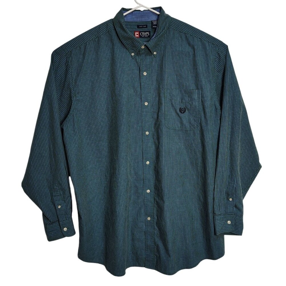 Chaps Mens 3XLT Easy Care Button-Down Green and Blue Plaid Long Sleeve Shirt